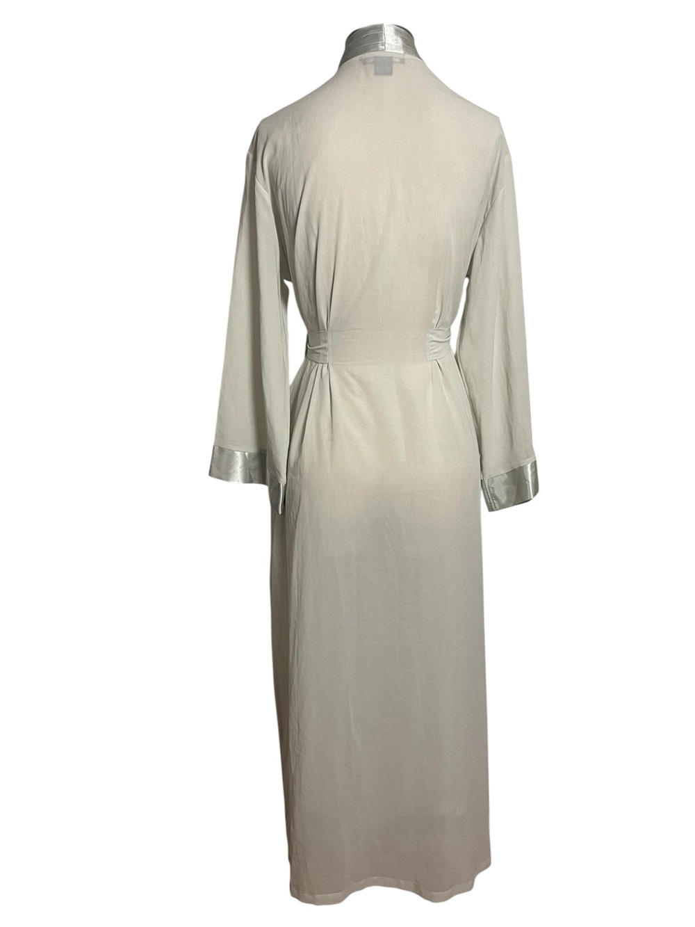 Vintage Halston Sage Green Satin Trim Wrap Robe Duster Maxi Sheer Jacket M - Picture 6 of 12